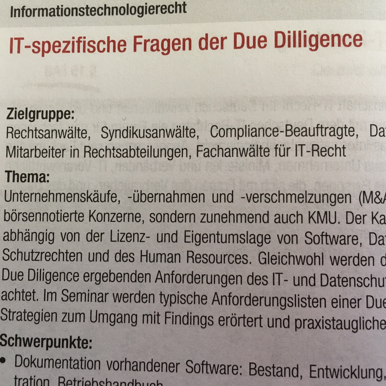 Seminar: IT-spezifische Fragen der Due Diligence