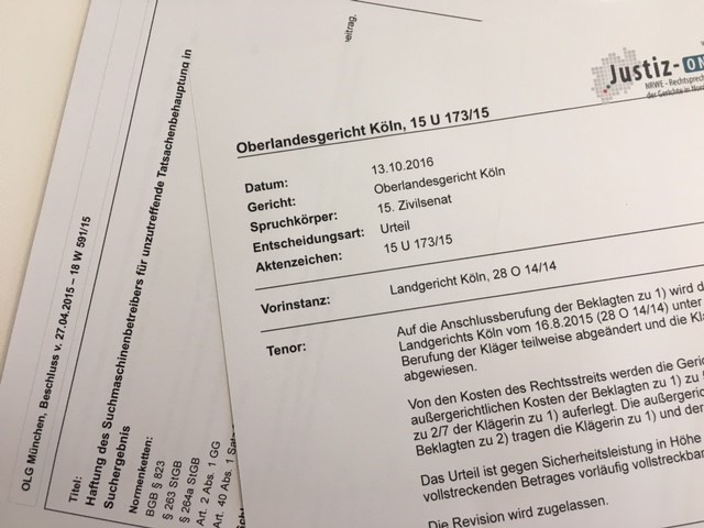 Neues zur Haftung von Suchmaschinen für Suchergebnisse