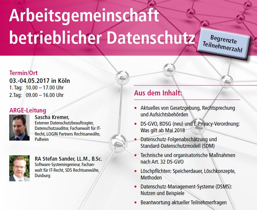 ARGE Betrieblicher Datenschutz: jetzt anmelden für Mai 2017