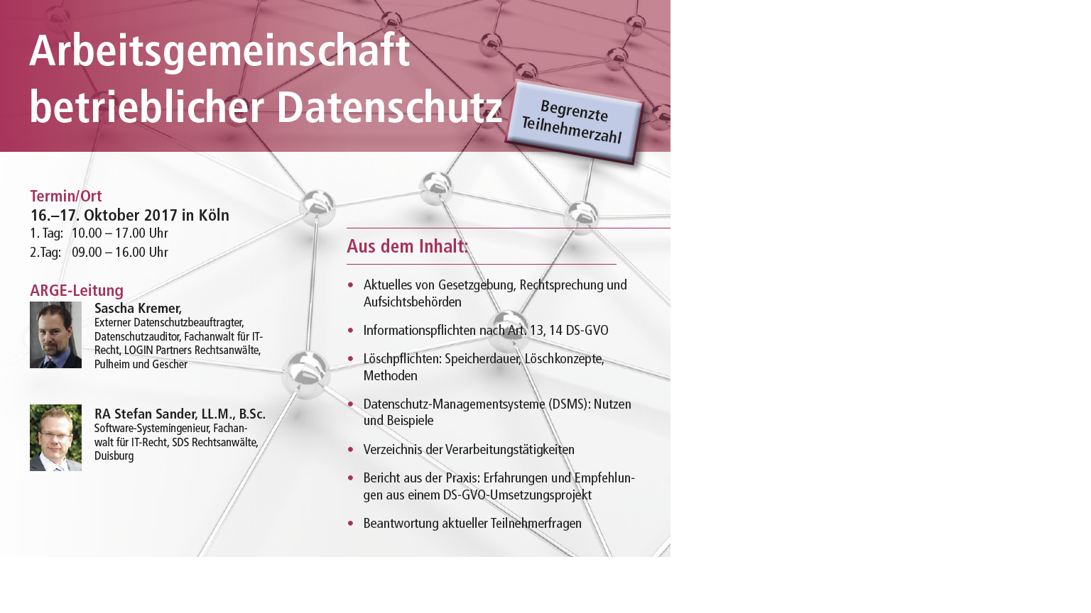 ARGE Betrieblicher Datenschutz: jetzt anmelden für Oktober 2017!