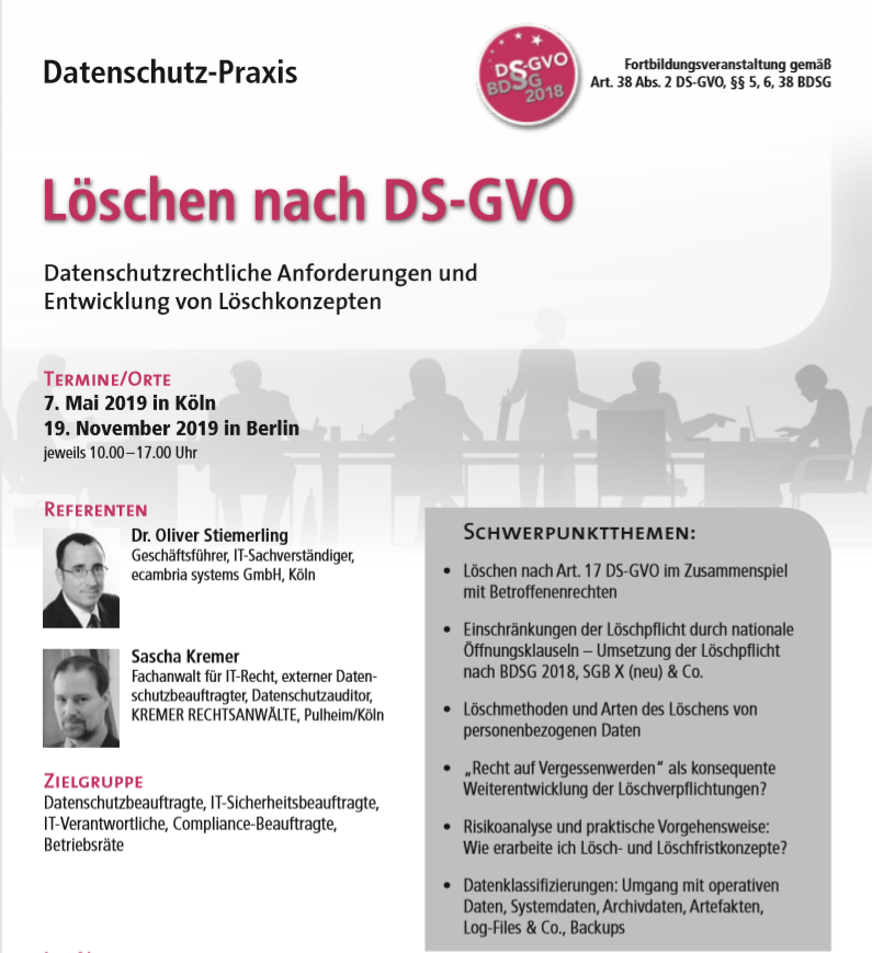 DATAKONTEXT: Neues Seminar: Löschen nach DS-GVO!