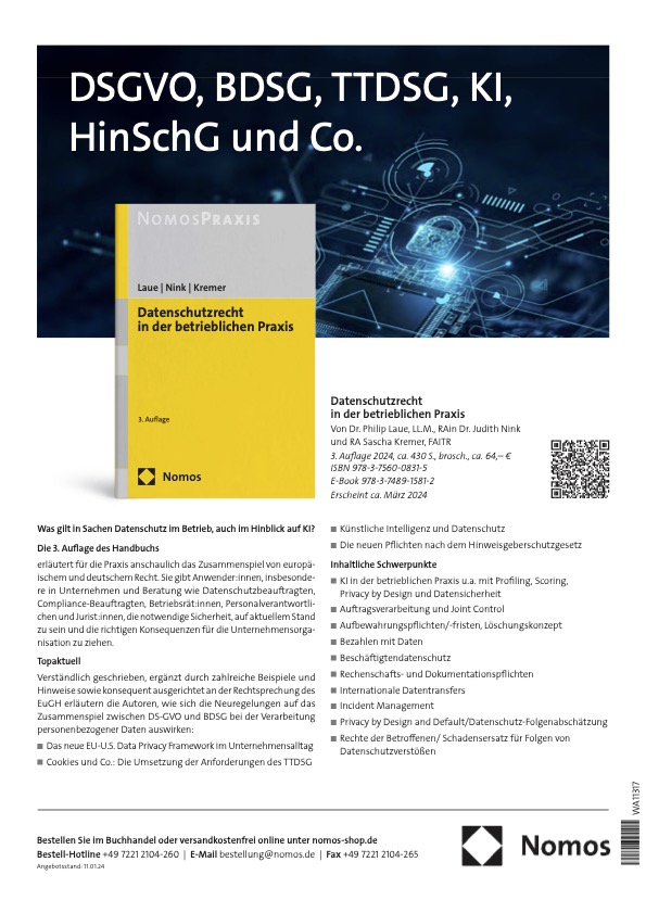 Laue/Nink/Kremer: Datenschutzrecht in der betrieblichen Praxis – 3. Auflage 2024 erscheint